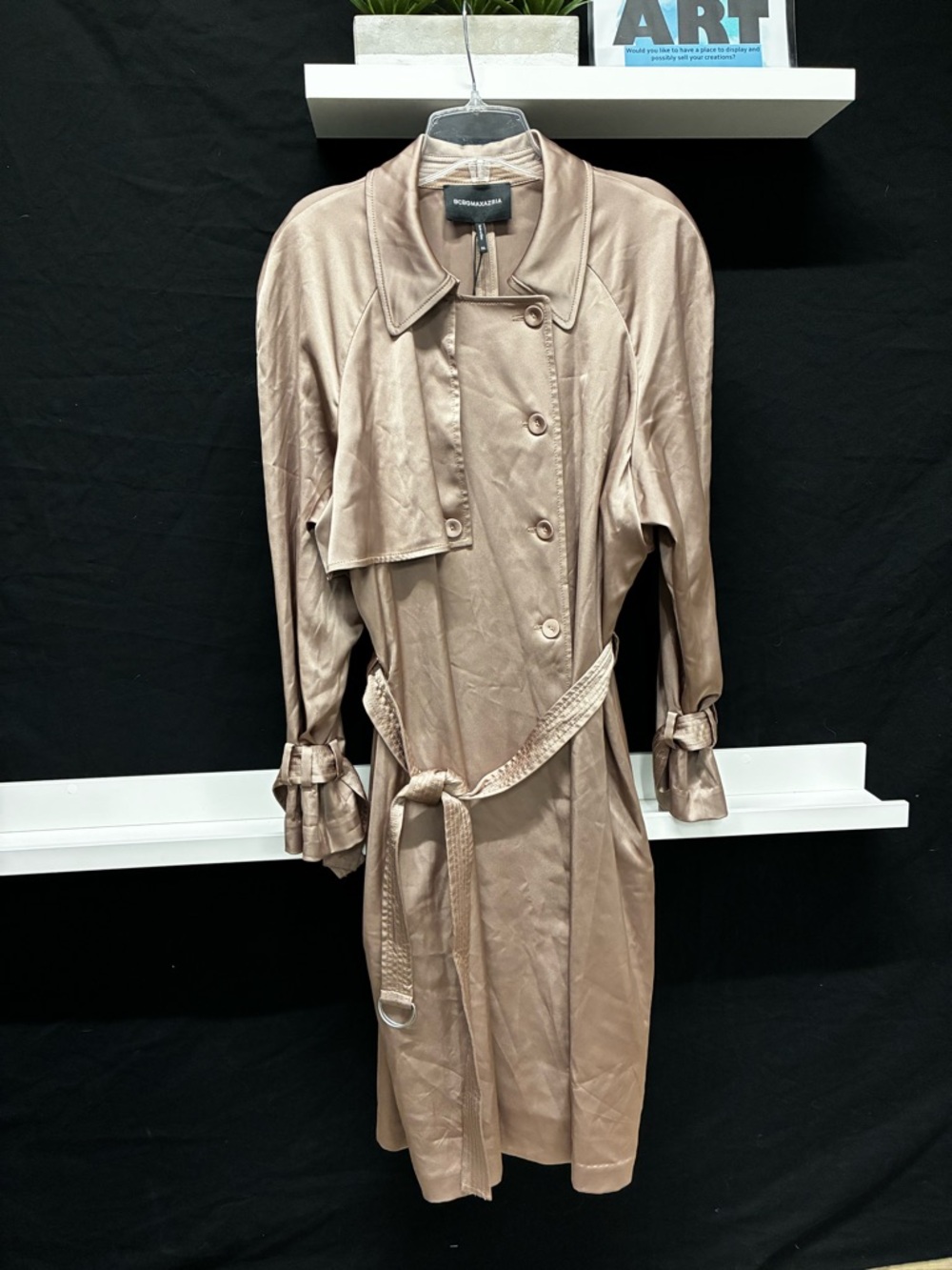 BCBGMaxAzria Satin Trench Coat in Taupe-Beige